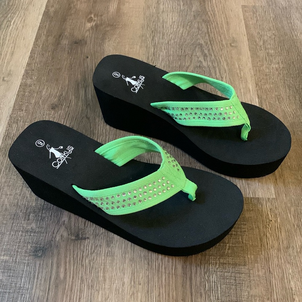 Corkys wedge thong sandals. Size 9